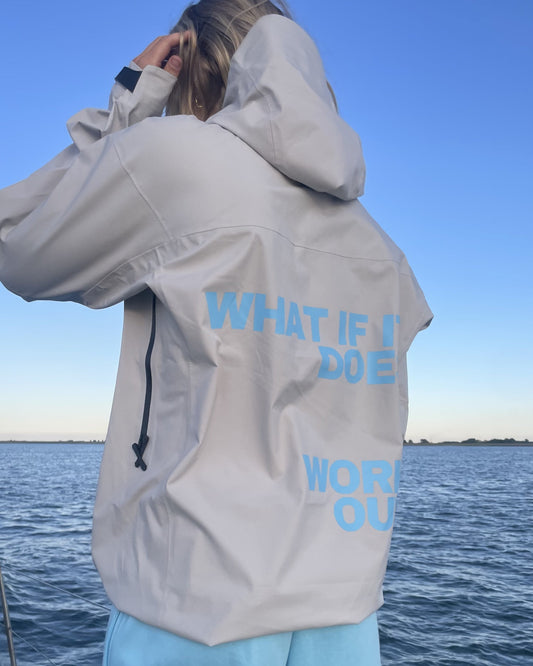 shell jacket with text: what if it does work out